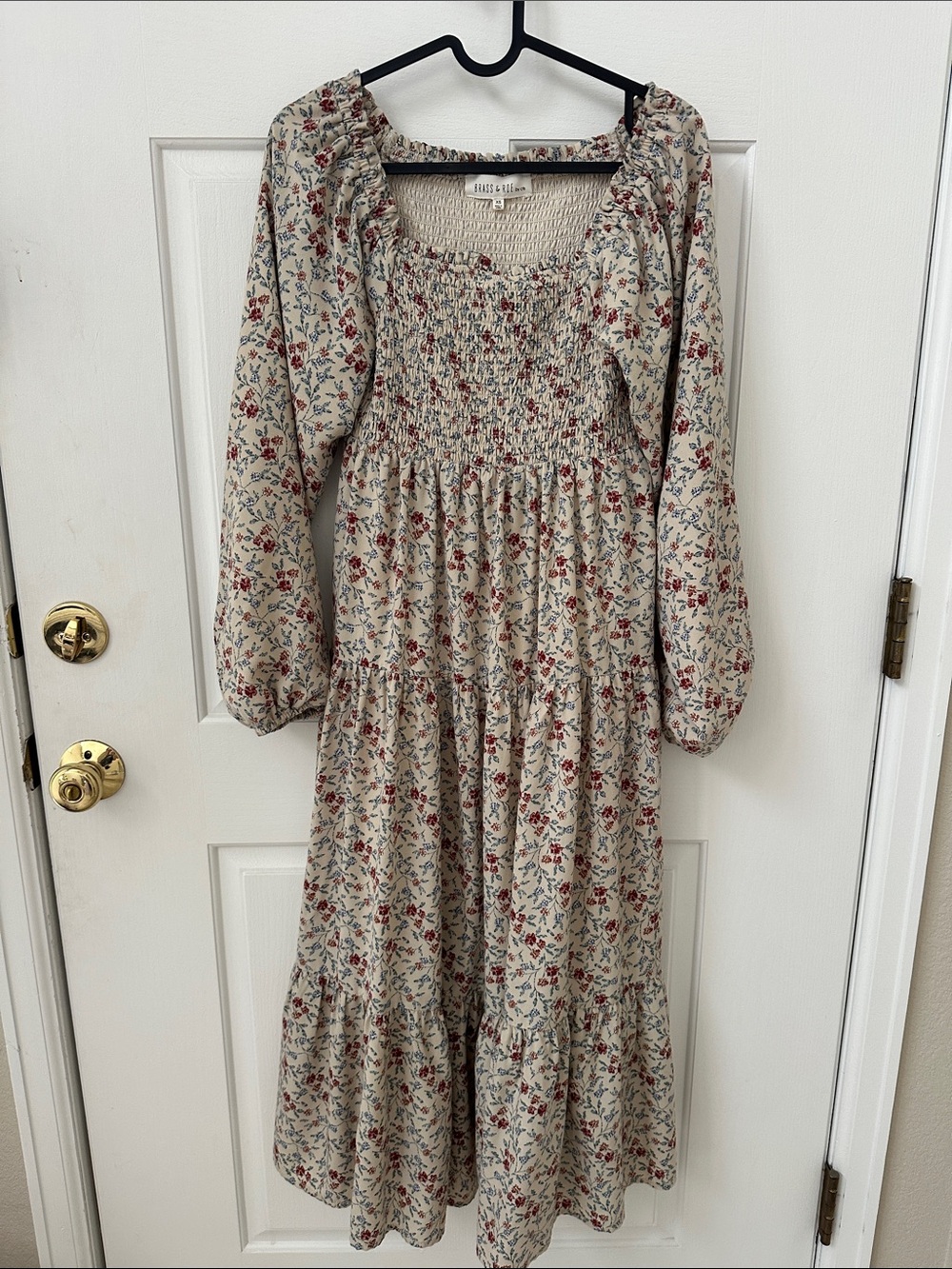 Smocked Floral Maxi Dress in Cream with Red & Blue Blooms